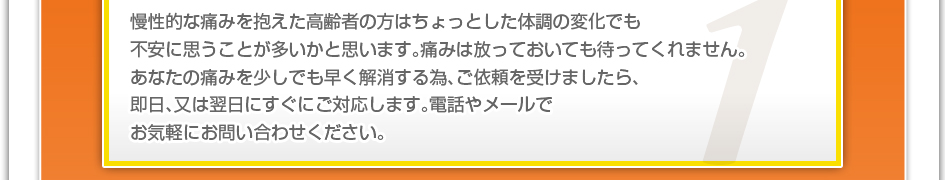 慢性的な痛みを抱えた高齢者の方はちょっとした体調の変化でも不安に思うことが多いかと思います。痛みは放っておいても待ってくれません。あなたの痛みを少しでも早く解消するため、ご依頼を受けましたら、即日、又は翌日にすぐにご対応します。電話やメールでお気軽にお問合せ下さい。